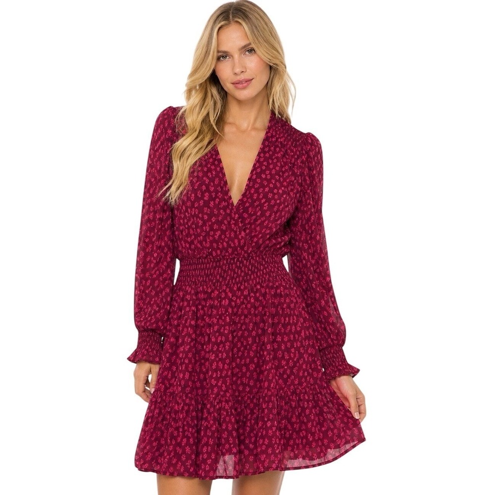 Vineyard Vines Floral Smocked Wrap Dress M 100% Viscose Long Sleeve NWT‎